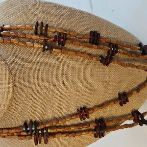 Wood  Beaded 3 Strand Necklace With Mulit Colored Accents